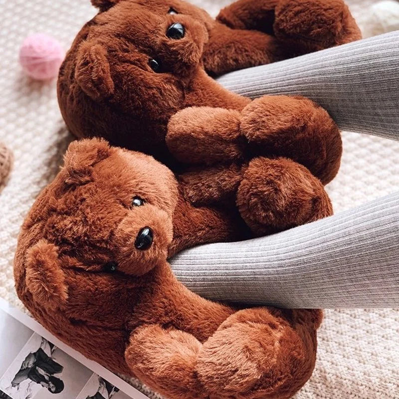 Cute Teddy bear plush Winter slippers,wrapped heel Funny indoor floor shoes Women gift,warm soft cartoon Fluffy animal slippers