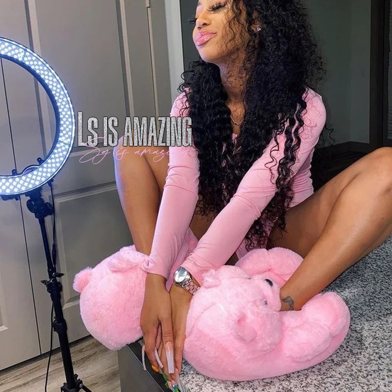 Cute Teddy bear plush Winter slippers,wrapped heel Funny indoor floor shoes Women gift,warm soft cartoon Fluffy animal slippers