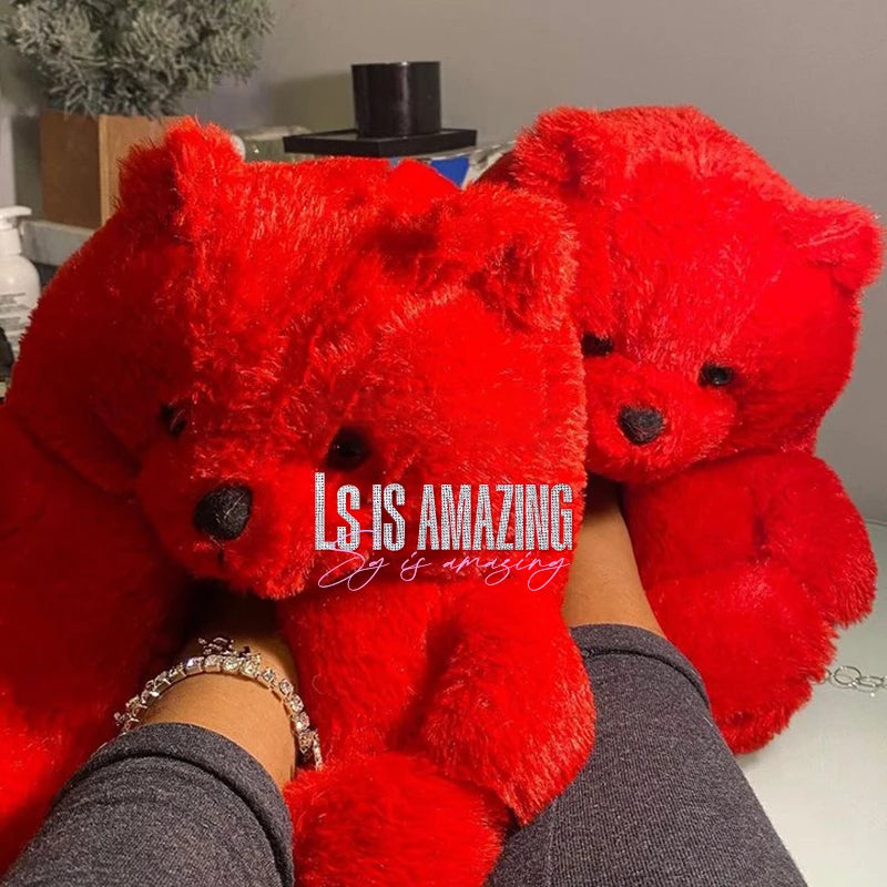 Cute Teddy bear plush Winter slippers,wrapped heel Funny indoor floor shoes Women gift,warm soft cartoon Fluffy animal slippers