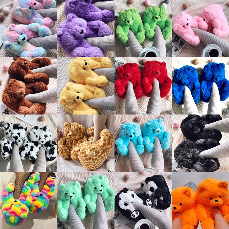 Cute Teddy bear plush Winter slippers,wrapped heel Funny indoor floor shoes Women gift,warm soft cartoon Fluffy animal slippers